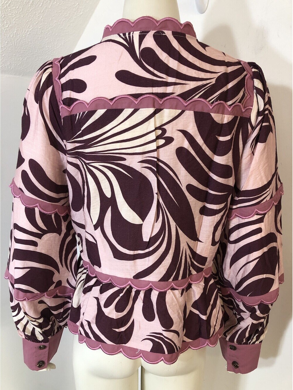 TCEC Womens Large Blouse Pink Burgundy Print Scalloped Trim Peplum New - Picture 4 of 9